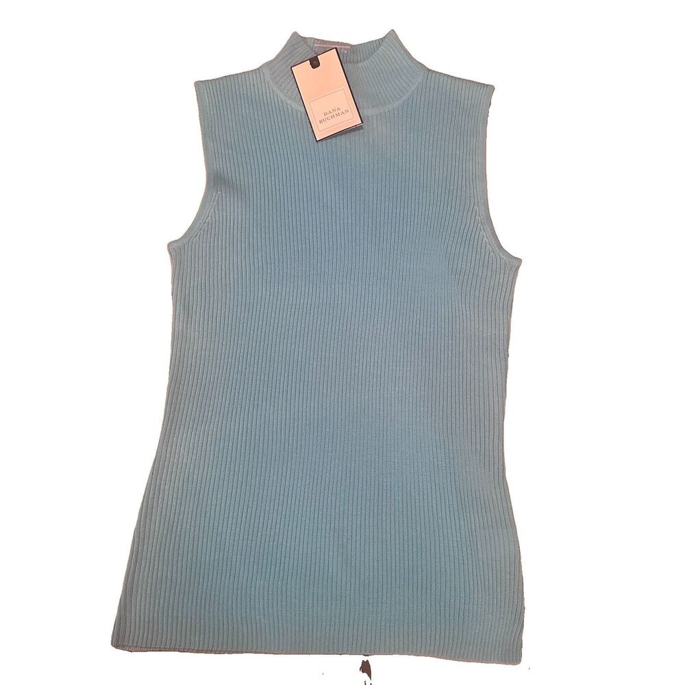 Dana Buchman Women’s Small Aqua Ribbed Sleeveless Mock Neck Sweater Top NWT
